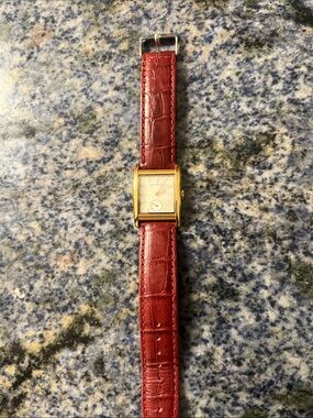 Movado Gold-Tone Rectangular Watch with Red Leather Strap